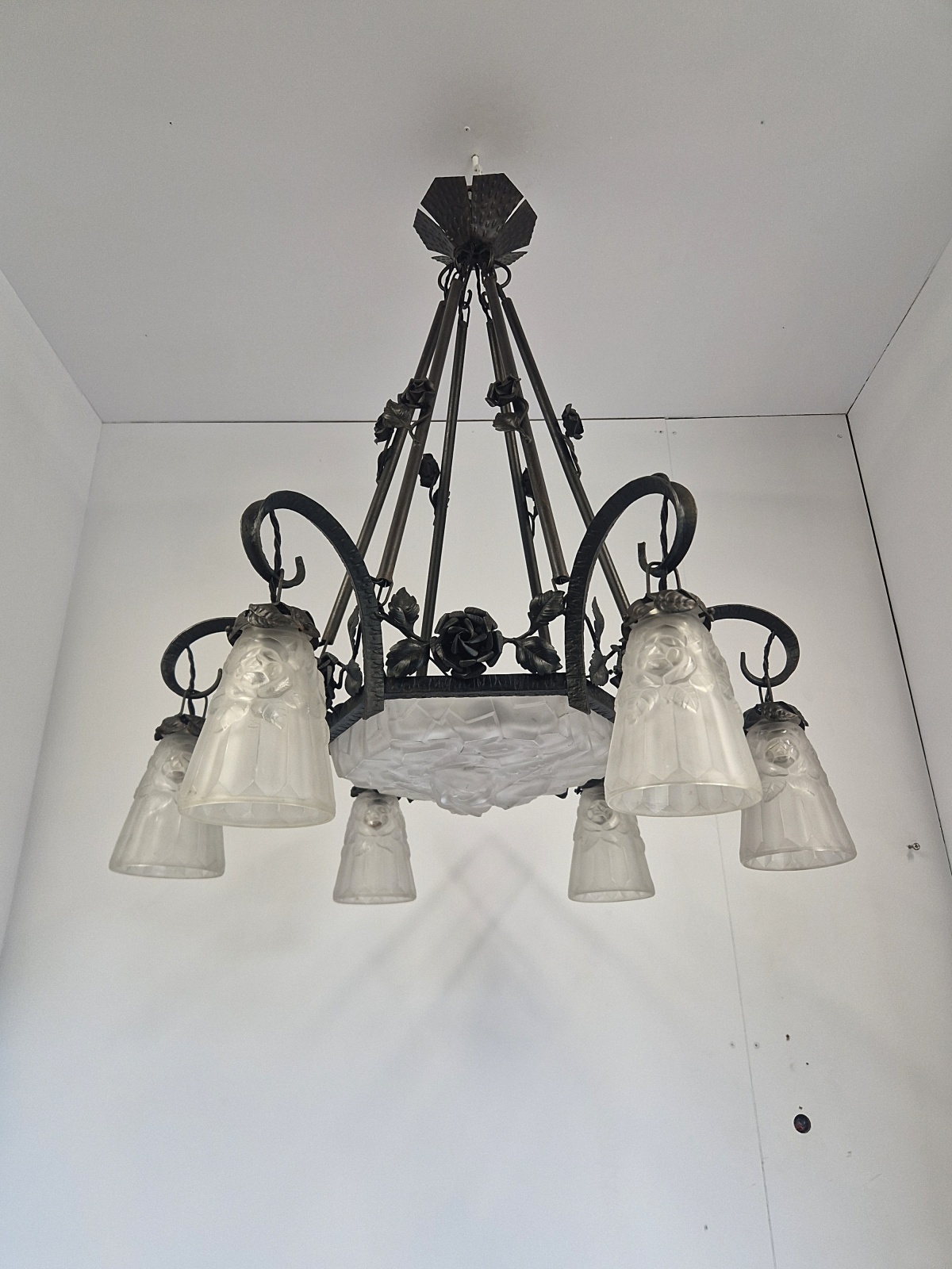 Verrerie D'art Degué | 6-branch Wrought-Iron Art Deco Chandelier | France c.1930 | SOLD - Image 3