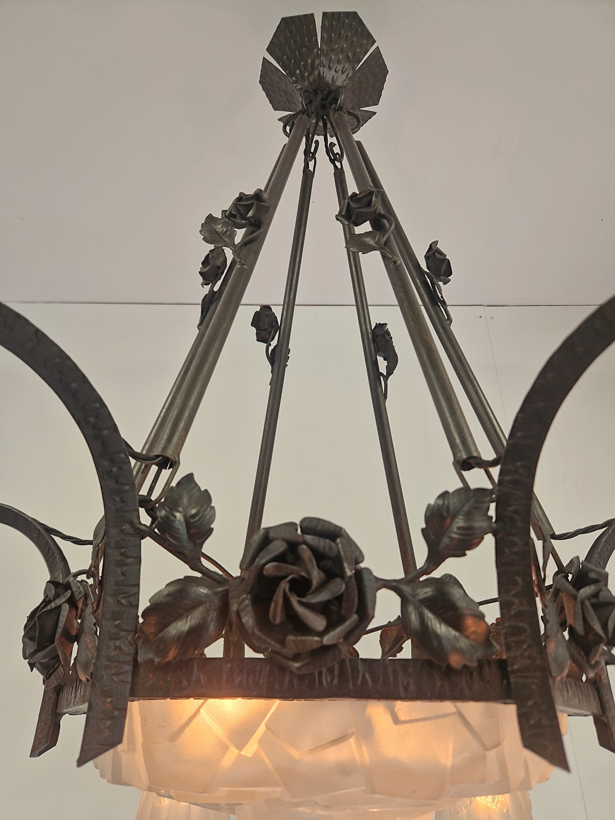 Verrerie D'art Degué | 6-branch Wrought-Iron Art Deco Chandelier | France c.1930 | SOLD - Image 13