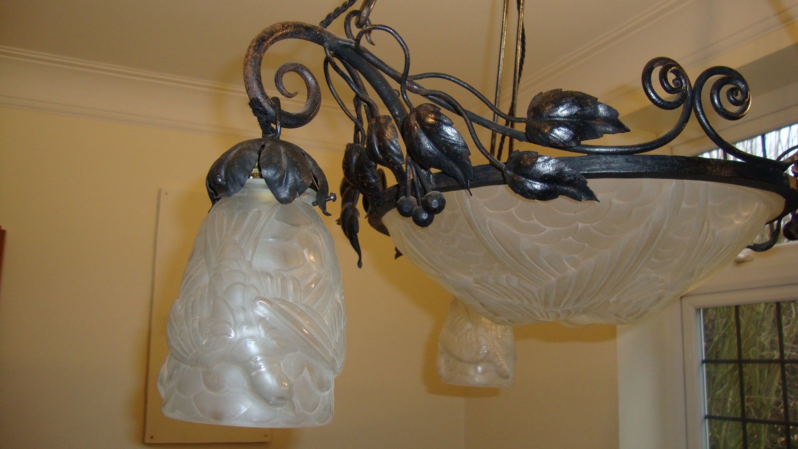 Noverdy (Nouvelle Verrerie de Dijon) | 3 Branch Wrought-Iron Chandelier | France c.1930 | SOLD - Image 4