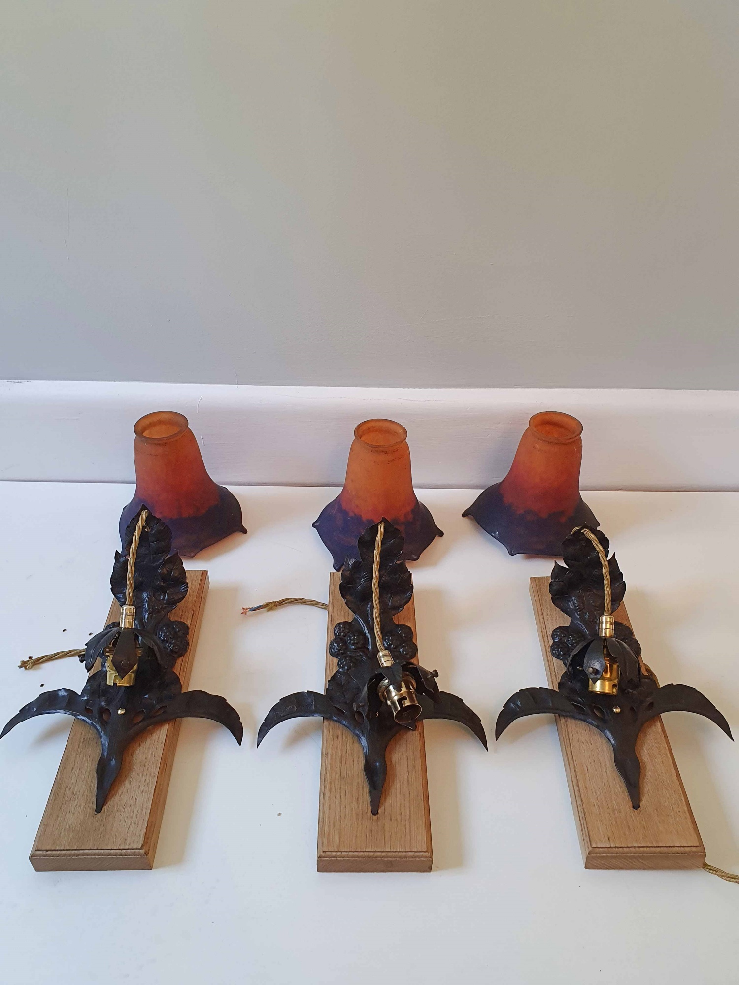 Louis Janin & Muller Frères | 3 Wrought-iron & Pate-de-verre Wall Lights | France c.1925 | SOLD - Image 12