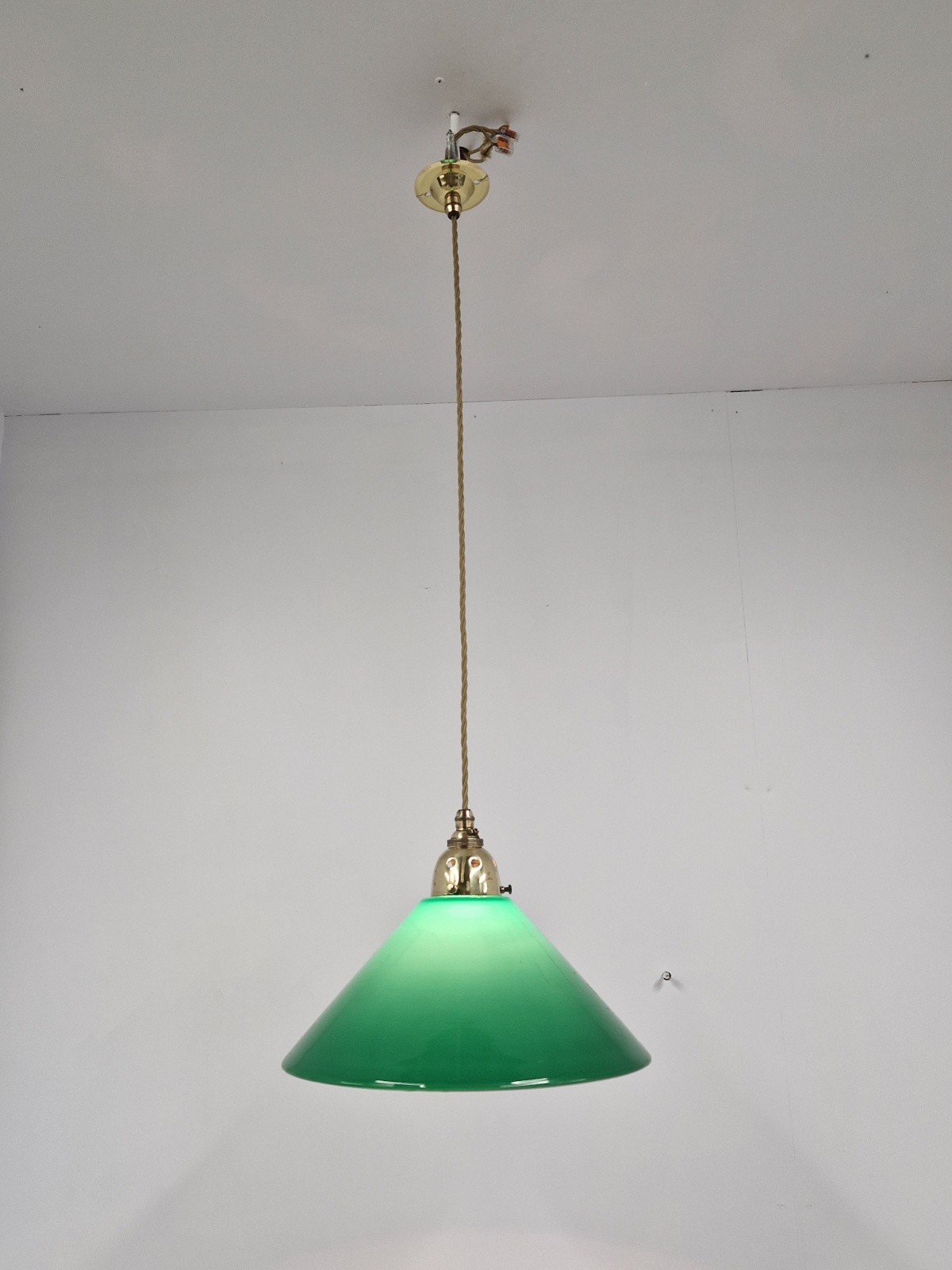 Unsigned | 2 Large Green-Glass "Coolie" Pendant Lampshades | England 1st Half c.20th | SOLD - Image 2