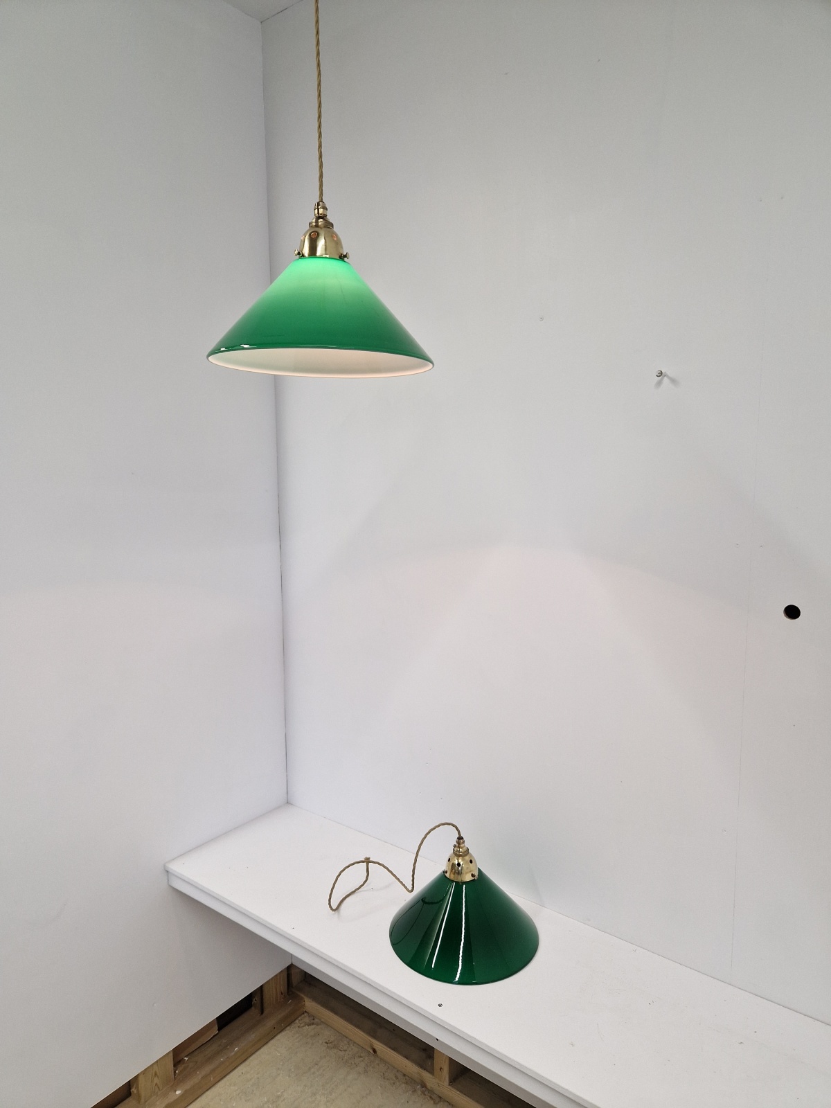 Unsigned | 2 Large Green-Glass "Coolie" Pendant Lampshades | England 1st Half c.20th | SOLD - Image 8