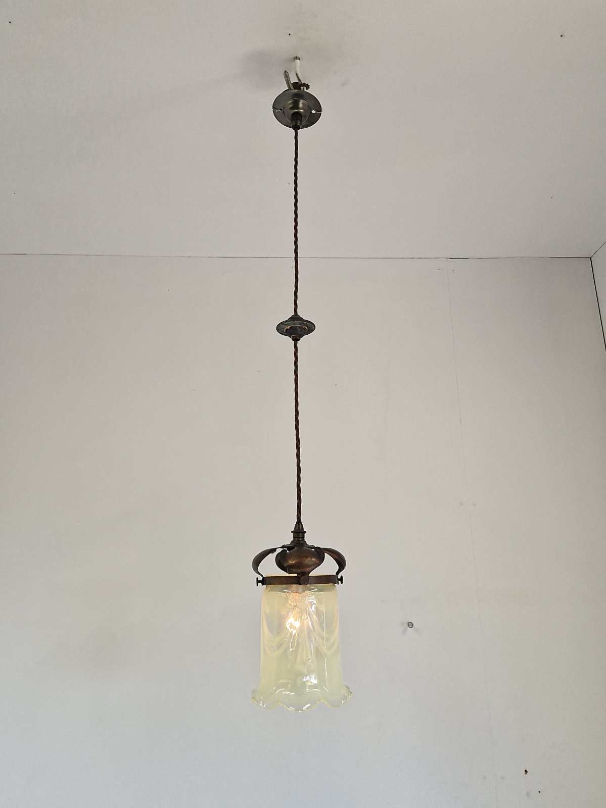 Cranmer & Cheshire, Birmingham | 2 Arts & Crafts Vaseline Glass Pendants | England c1905 - Image 2