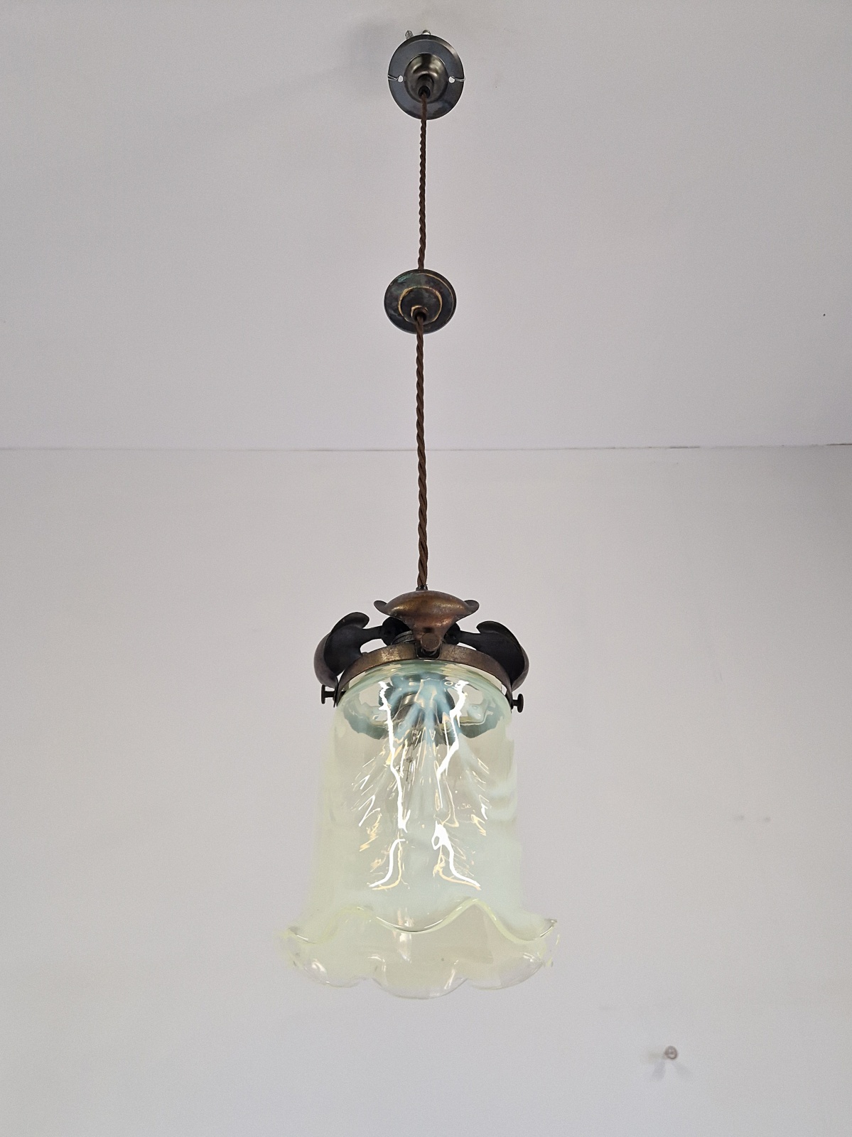 Cranmer & Cheshire, Birmingham | 2 Arts & Crafts Vaseline Glass Pendants | England c1905 - Image 5